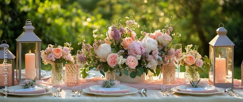 Elegant Outdoor Dining Setup With Flowers and Lanterns During Sunset