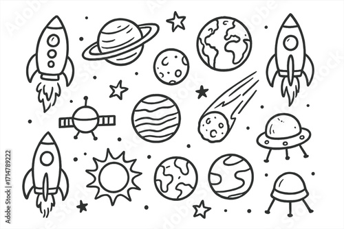 Space Exploration Doodles. Space exploration doodle set: hand drawn icons of rockets and planets isolated transparent background