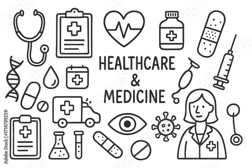 Medical Doodle Icons. Healthcare and medicine doodle set: hand drawn medical icons isolated transparent background