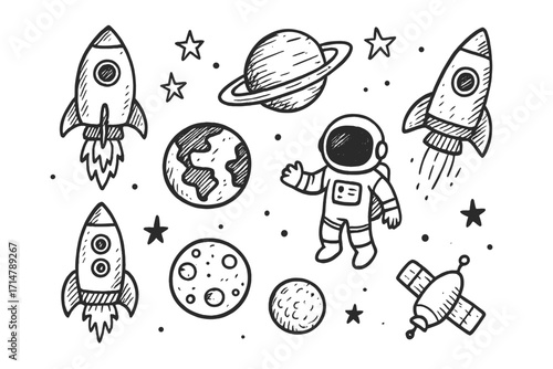 Space Exploration Doodles. Space exploration doodle set: hand drawn icons of rockets and planets isolated transparent background
