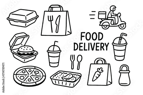 Food Delivery Doodles. Food delivery doodle set: hand drawn icons of packaging and meals, isolated transparent background