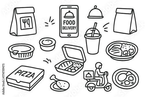 Food Delivery Doodles. Food delivery doodle set: hand drawn icons of packaging and meals, isolated transparent background