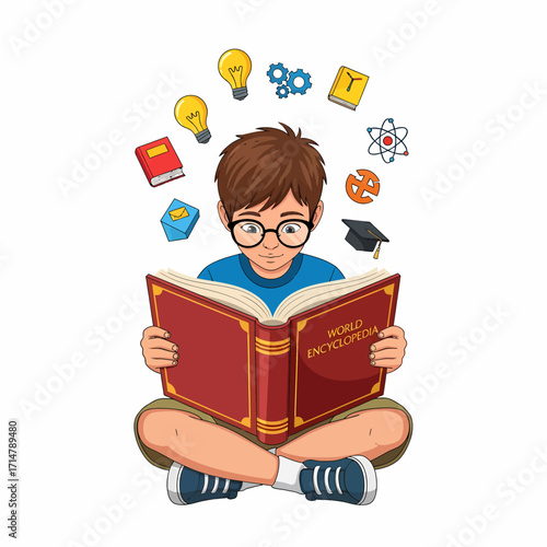 Illustration of a boy reading a large encyclopedia with various knowledge symbols floating around him.