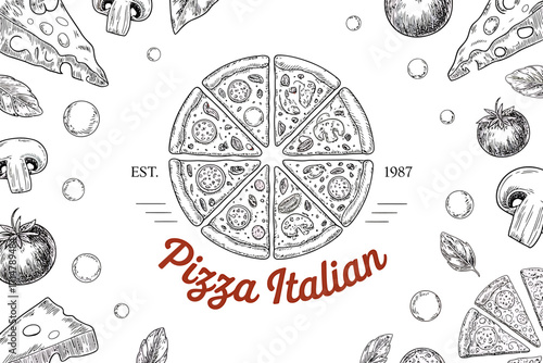 Vintage Pizza Design with Hand Drawn Style Isolated on White Background for Restaurant Branding and Promotion