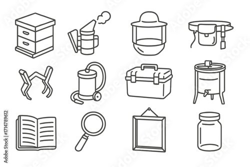Portable Beekeeping Equipment Icons. Line style icons of portable beekeeping equipment: mini hive kit, travel smoker, folding veil