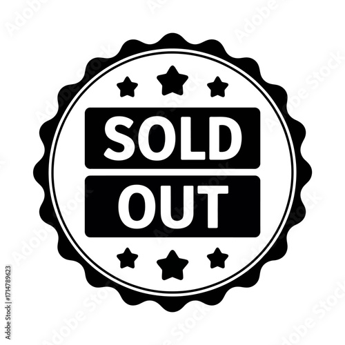 Black and White Sold Out Seal with Stars and Scalloped Edge Symbol for Business or Retail Concepts