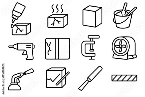 Ice Sculpting Repair Icons. Line style icons of emergency fixes in ice sculpting: crack repair fluid, heat weld symbol, backup
