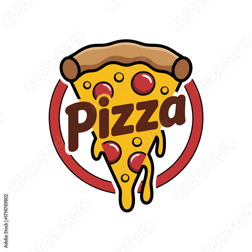 Delicious Pizza Slice Logo with Dripping Cheese and Pepperoni within a Red Circle for Pizzeria Branding and Food Marketing Campaigns