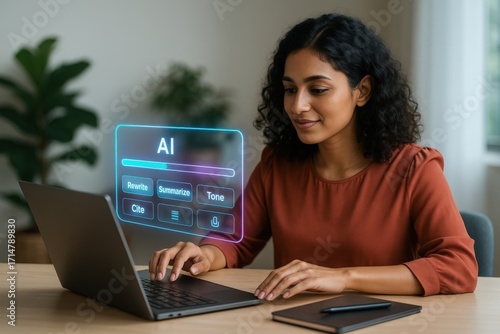 Leveraging ai tools for enhanced work efficiency home office digital content creation indoor professional perspective