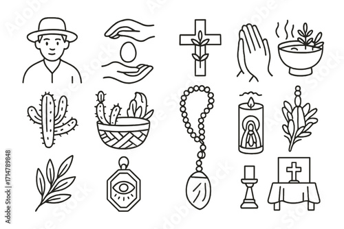 Folk Medicine Icons. Line style icons of Latin American folk medicine: curandero figure, egg cleansing ritual, herbal cross symbol