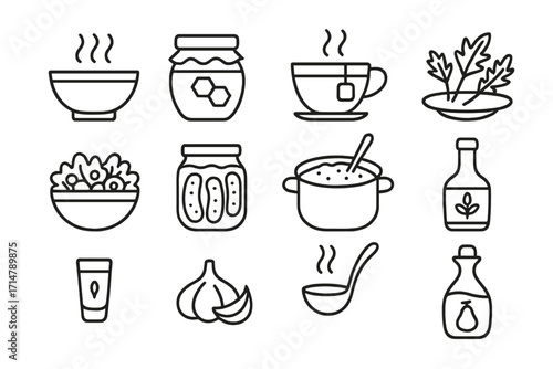 Healing Food Icons. Line style icons of healing food and drink: bone broth bowl, wild honey jar, medicinal tea cup, bitter herbs