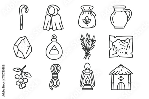 Mountain Healer Icons. Line style icons of mountain healer gear: walking staff, wool cloak, herbal bag, goat milk jar, flint stone