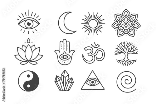 Mystical Tattoo Icons. Line style icons of sacred and mystical tattoo elements: third eye, crescent moon, sun rays, mandala, lotus