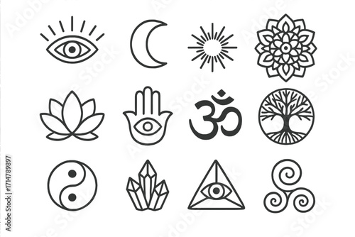 Mystical Tattoo Icons. Line style icons of sacred and mystical tattoo elements: third eye, crescent moon, sun rays, mandala, lotus