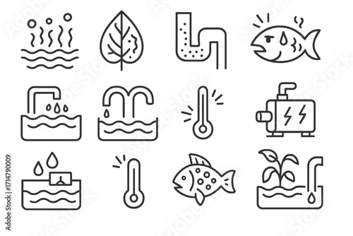 Aquaponics Problem Icons. Line style icons of common problems in aquaponics: algae bloom, nutrient deficiency leaf, clogged pipe,