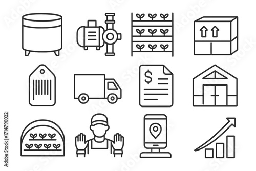 Aquaponics System Icons. Line style icons of commercial aquaponics: large tank, industrial pump, multi-level rack, shipping crate,