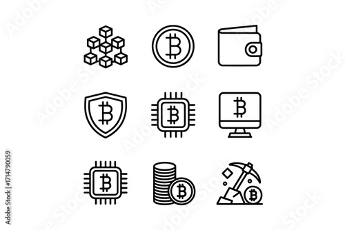 Bitcoin Digital Currency and Blockchain Technology Icons Representing Financial Innovation and Investment Opportunities in the Modern Economy