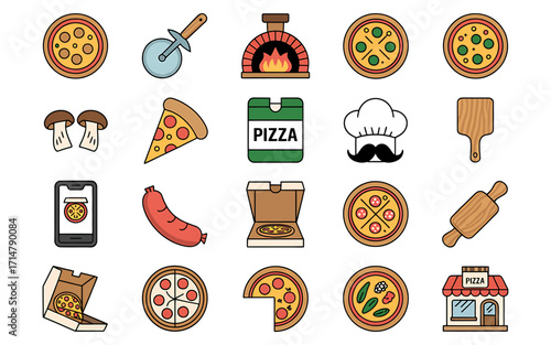 Illustrative Pizza Icons and Elements Depicting Food Preparation and Delivery Services Graphic Collection