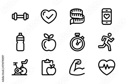 Fitness and Healthy Lifestyle Icons Set for Gym Exercise and Wellbeing Vector Design