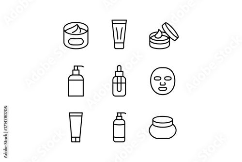Outline Icons of Cosmetic Products Skin Care Treatment Essential Items Minimalist Line Art Spa Beauty and Personal Care Vector Illustration
