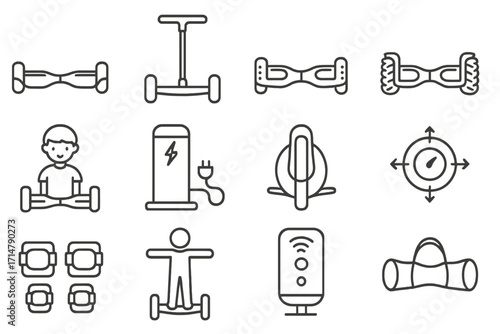 Hoverboard Icon Collection. Line style icons of hoverboards and self-balancing wheels: classic hoverboard, hoverboard with handle,