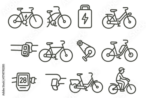 Electric Bike Icons. Line style icons of electric bikes and hybrids: pedelec bike, e-bike with mid-drive motor, removable battery