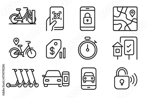 Micro-Mobility Line Icons. Line style icons of shared micro-mobility: bike-share dock, scooter QR scan, mobile unlock screen, city