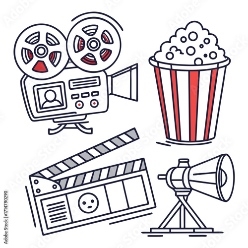 Cinema set of web icons in line style. Movie and Film linear icon collection. Containing video, movie theater, 3d, vr, popcorn, ticket, director, soundtrack and more. Editable stroke