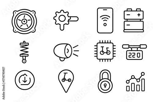 Scooter Tech Icons. Line style icons of scooter tech upgrades: enhanced motor symbol, throttle response gear, app pairing screen,