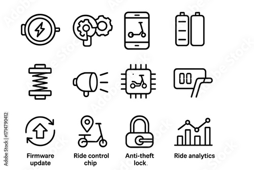Scooter Tech Icons. Line style icons of scooter tech upgrades: enhanced motor symbol, throttle response gear, app pairing screen,