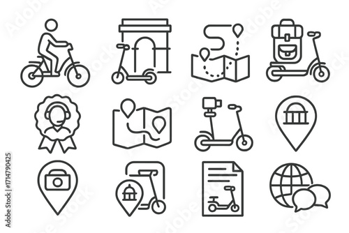 Tourism Icons Collection. Line style icons of tourism and micro-mobility: city tour on e-bike, historic landmark with scooter,