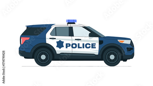 Isolated Police Car Illustration with Blue and White Color Scheme on White Background Professional Automotive Design