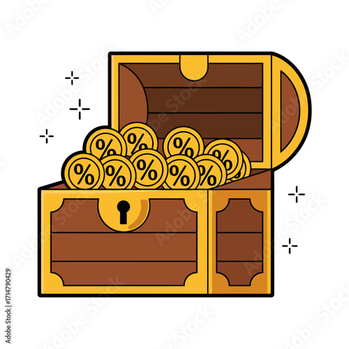 Treasure chest filled with percentage coins representing financial gains and investment opportunities showcasing wealth accumulation and economic growth