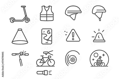 Nighttime Micro-Mobility Icons. Line style icons of nighttime micro-mobility: scooter with LED glow, reflective clothing icon,