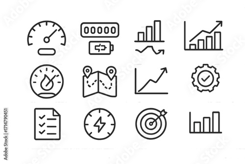 Ride Analytics Icons. Line style icons of ride analytics and stats: speed gauge, distance counter, battery usage graph, trip