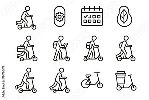 Micro-Mobility Icons. Line style icons of micro-mobility lifestyle: minimalist ride mode, gear capsule icon, ride habit calendar,