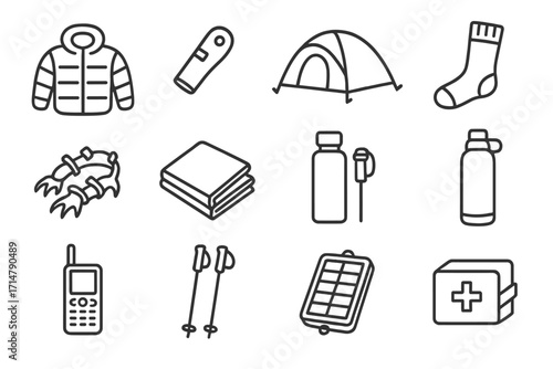 Polar Expedition Essentials. Line style icons of polar expedition essentials: down jacket, emergency whistle, sub-zero tent,