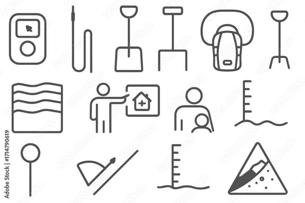 Obraz premium Avalanche Gear Icons. Line style icons of avalanche preparedness gear: avalanche beacon, collapsible probe, snow shovel, snowpack