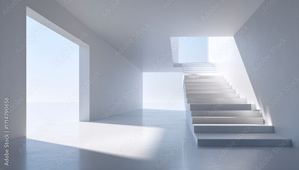 Fototapeta premium Modern white staircase, sunlit minimalist interior