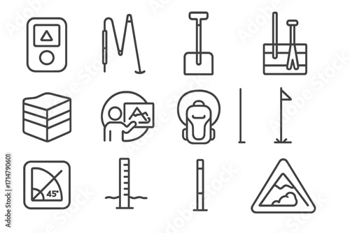 Avalanche Gear Icons. Line style icons of avalanche preparedness gear: avalanche beacon, collapsible probe, snow shovel, snowpack