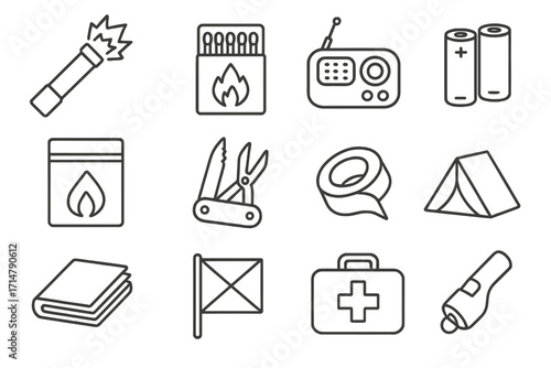 Emergency Survival Kit. Line style icons of emergency survival items: distress flare, waterproof matches, emergency radio, backup