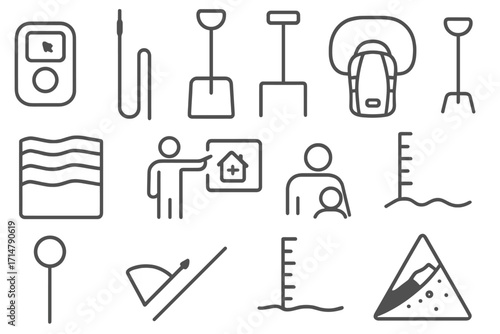 Avalanche Gear Icons. Line style icons of avalanche preparedness gear: avalanche beacon, collapsible probe, snow shovel, snowpack