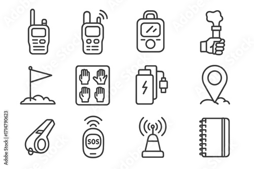 Cold Weather Icon Set. Line style icons of cold weather communication tools: two-way radio, satellite messenger, emergency signal