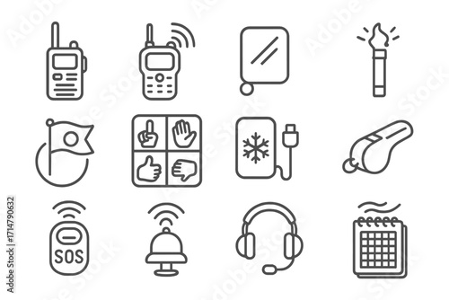 Cold Weather Icon Set. Line style icons of cold weather communication tools: two-way radio, satellite messenger, emergency signal