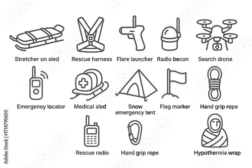 Arctic Rescue Icons. Line style icons of arctic rescue gear: stretcher on sled, rescue harness, flare launcher, radio beacon,