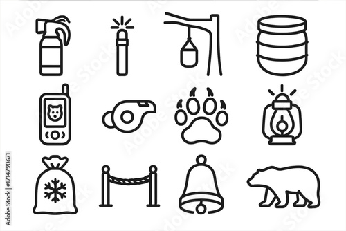 Arctic Safety Gear Icons. Line style icons of arctic wildlife safety gear: bear spray can, deterrent flare, food hanging system,