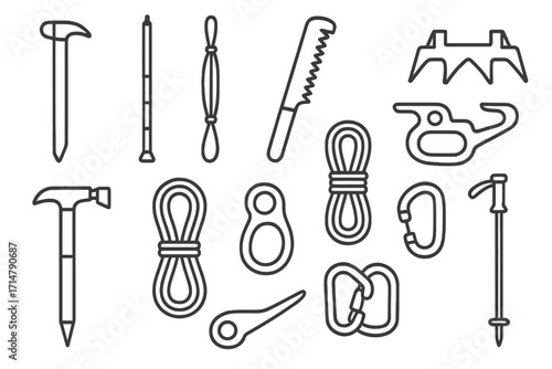 Icy Terrain Tools Icons. Line style icons of icy terrain tools: ice chisel, snow probe, snow saw, crampon spikes, tent peg hammer,