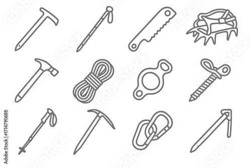 Icy Terrain Tools Icons. Line style icons of icy terrain tools: ice chisel, snow probe, snow saw, crampon spikes, tent peg hammer,