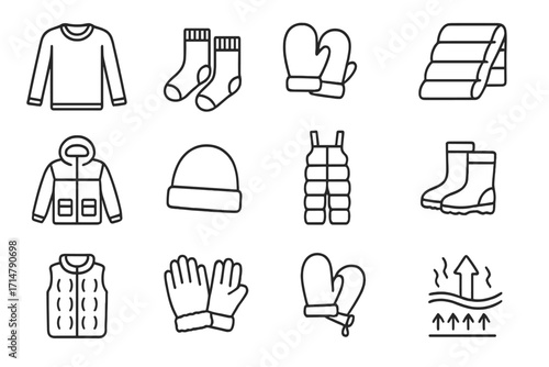 Layered Insulation Icons. Line style icons of layered insulation wear: fleece base layer, wool socks, insulated mittens, down