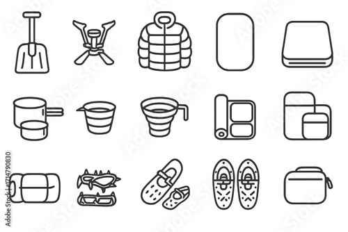 Packable Arctic Gear Icons. Line style icons of packable arctic gear: foldable snow shovel, collapsible stove, compressible parka,
